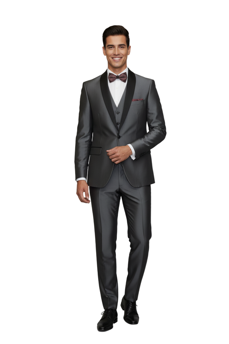 Men's Gray Black Shawl Tuxedo Slim Fitted 3 Piece Two Toned Shiny Sharkskin Suit