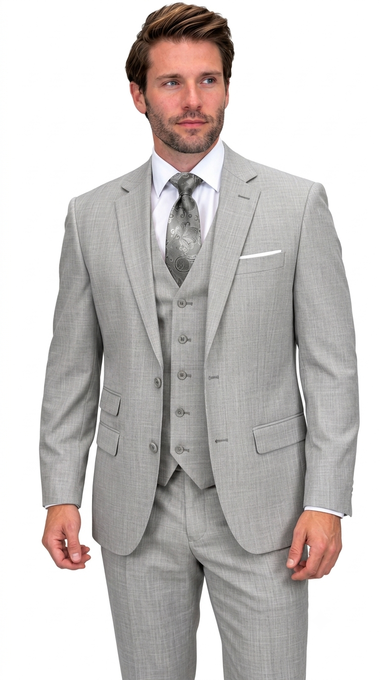 Men’s 3 Piece Sharkskin Suit with Vest - Modern Fit Gray