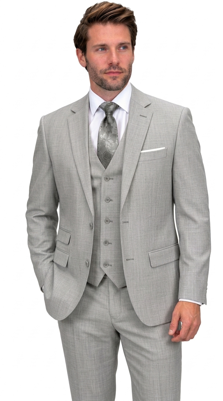 Men’s 3 Piece Sharkskin Suit with Vest - Modern Fit Gray