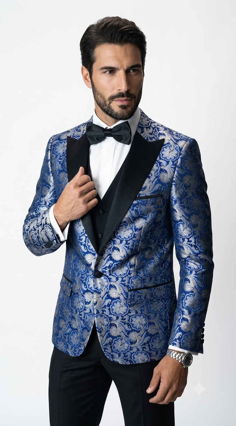 Single Breasted Peak Label Blue Tuxedo Suit