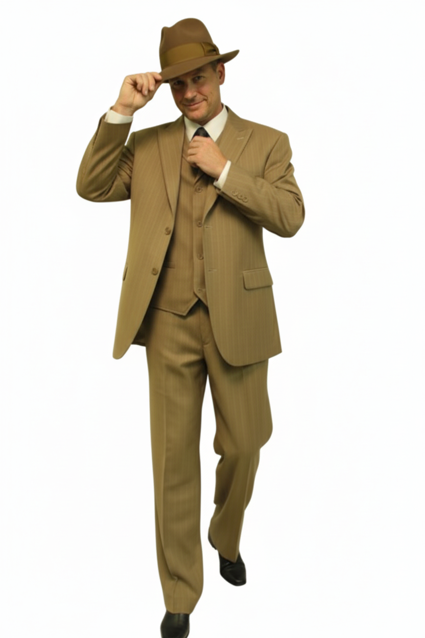 Men's 3 Piece Bold ~ Chalk ~ Gangster Pinstripe ~ Stripe Tan/White Zoot Cheap Priced Business Suits Clearance Sale