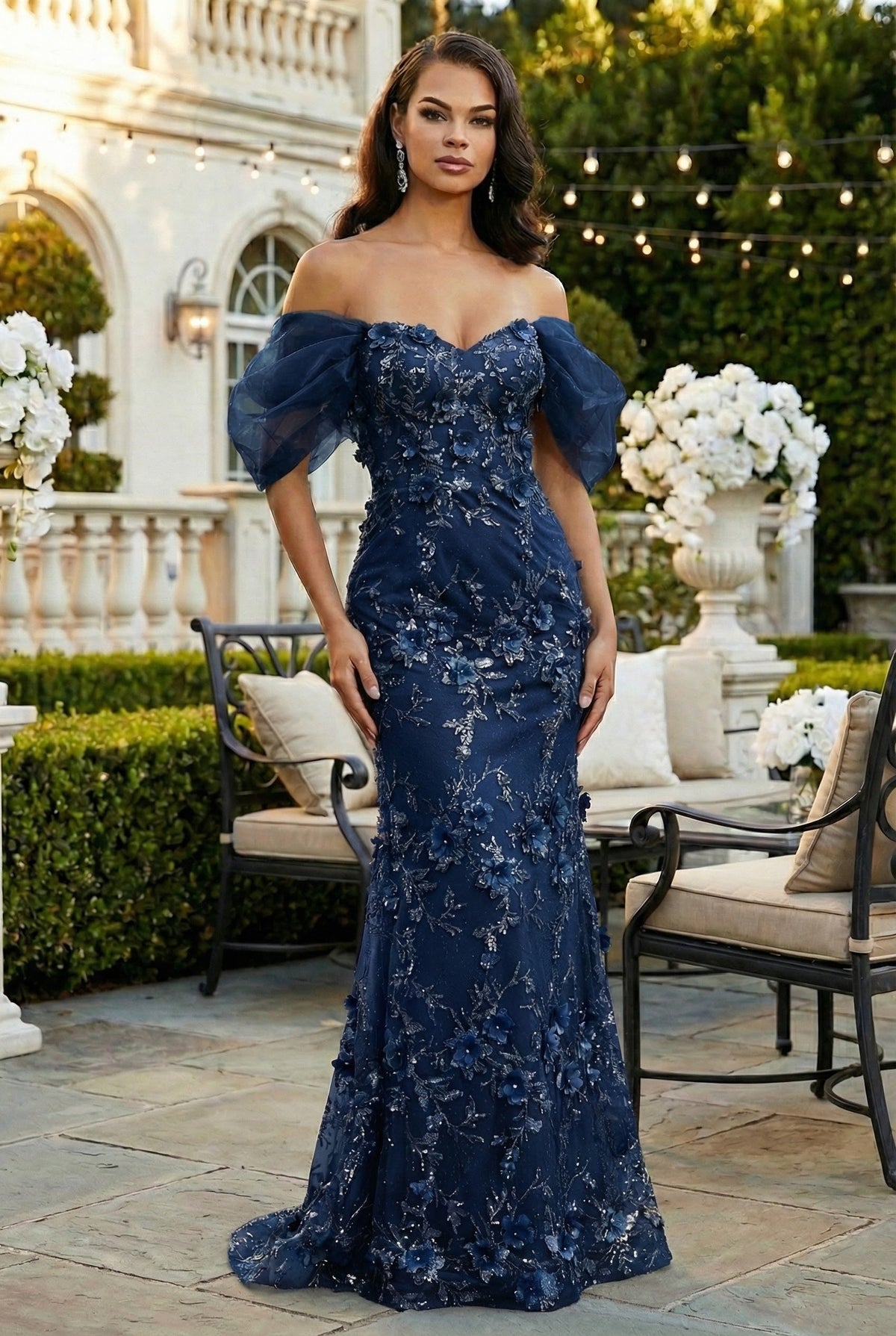 Off Soulder 3D Floral Applique Red Carpet Dress-New Collection