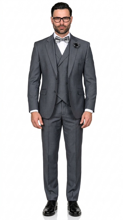 Men’s 3 Piece Classic Fit Suit with Double-Breasted Vest and Pleated Pants - Charcoal