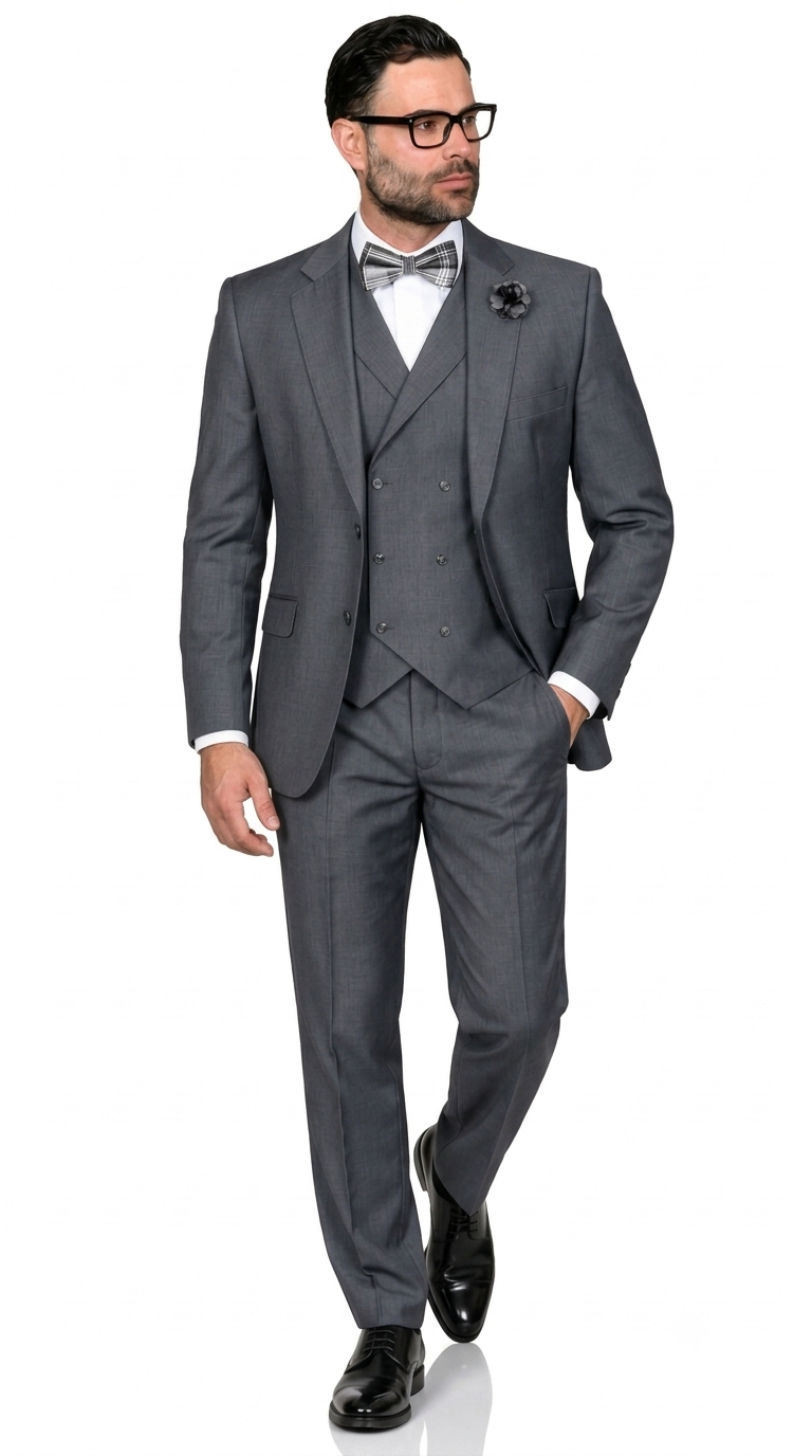 Men’s 3 Piece Classic Fit Suit with Double-Breasted Vest and Pleated Pants - Charcoal