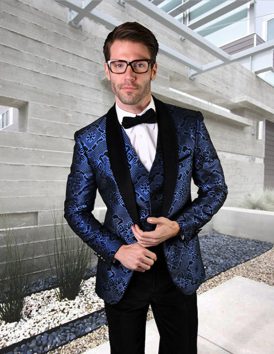 Geometric Print Prom Tuxedo in Royal Blue