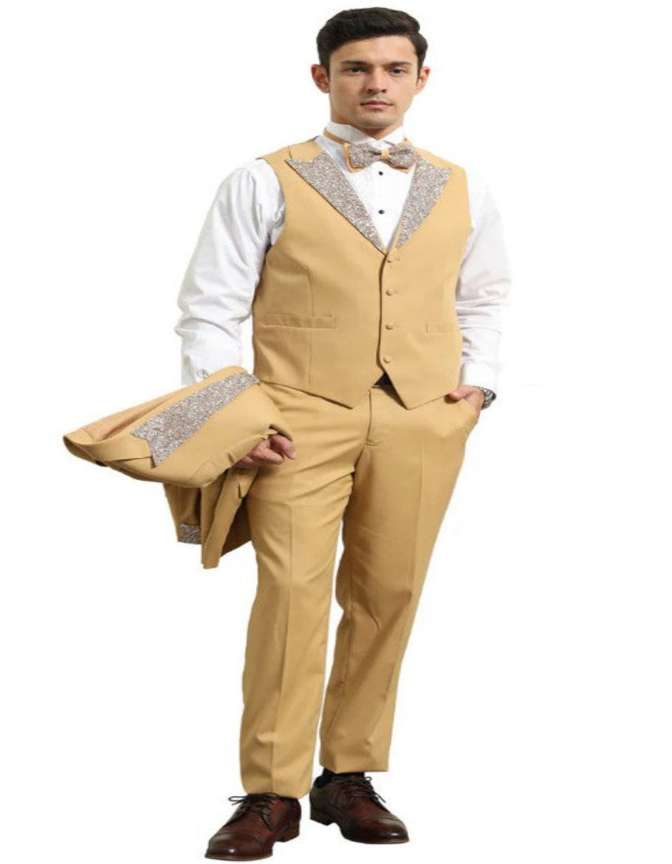 Gold Mustard Prom Tuxedo with Vested Rhinestone sequin Lapel