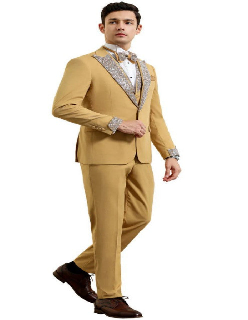 Gold Mustard Prom Tuxedo with Vested Rhinestone Lapel