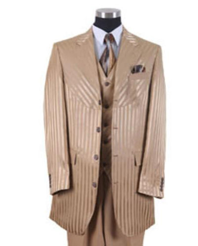 Men's 3 Button Fashion Cheap Priced Business Suits Clearance Sale Edged Jacket w/ Pants Vest Set Tan