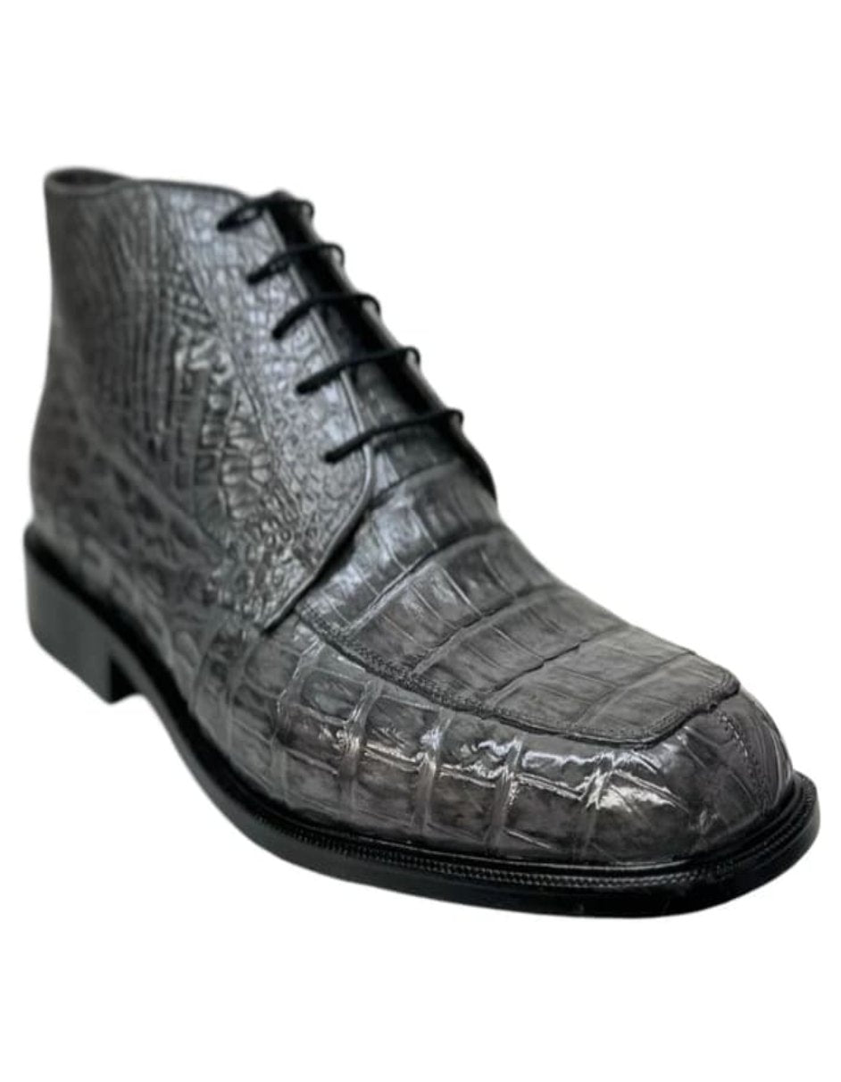 Gray Crocodile Lace-Up Ankle Boots