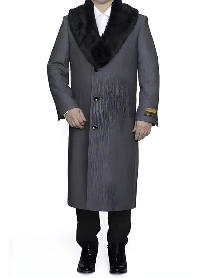 Gray Herringbone Wool Fur Collar Overcoat