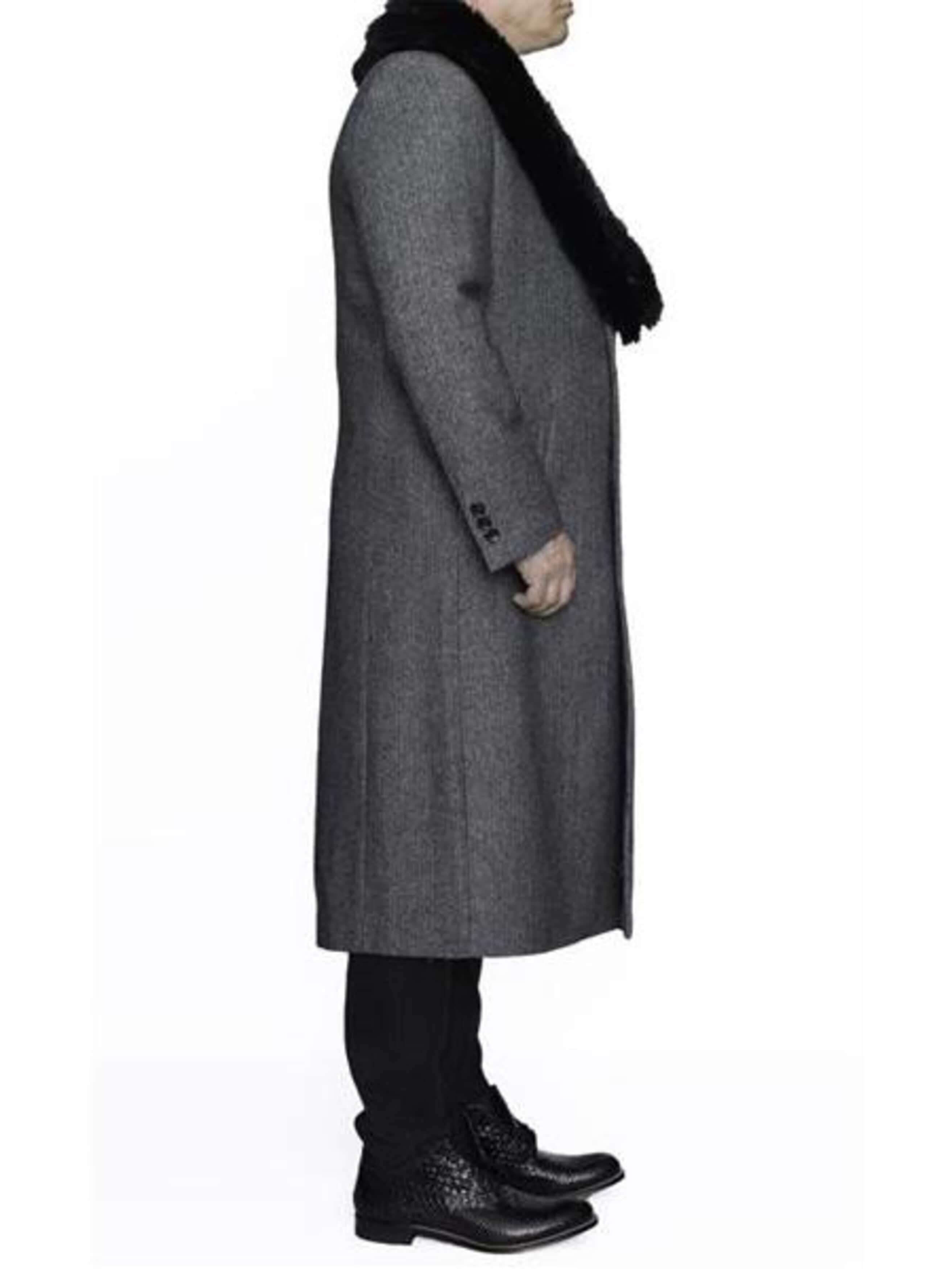 Gray Herringbone Wool Fur Collar Overcoat