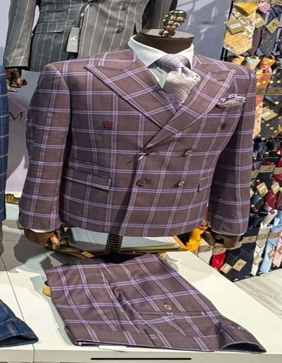 Rossiman Plaid Double-Breasted Suit - Gray & Lavender