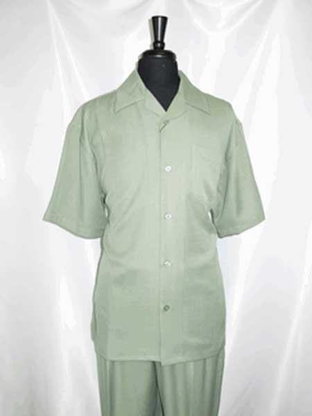 Short Sleeve Green Lt Olive 5 Buttons Casual Two Piece Walking Outfit For Sale Pant Sets Shirt With Pant Set