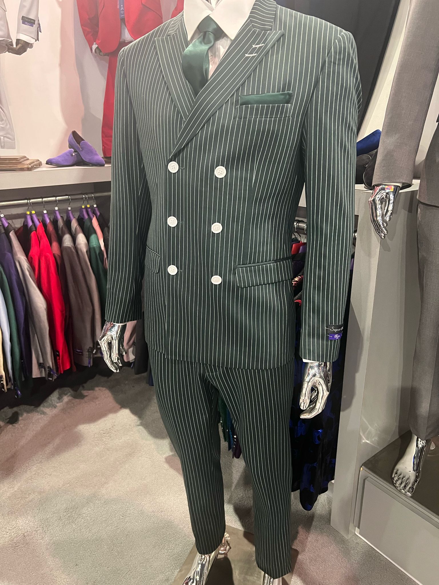 Green Pinstripe Double-Breasted Suit - Slim Fit