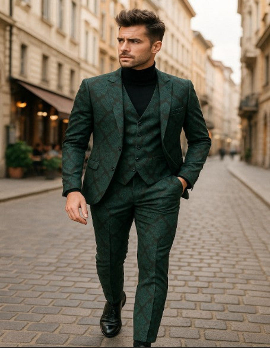Green and Black Floral Brocade Slim Tuxedo 3pc
