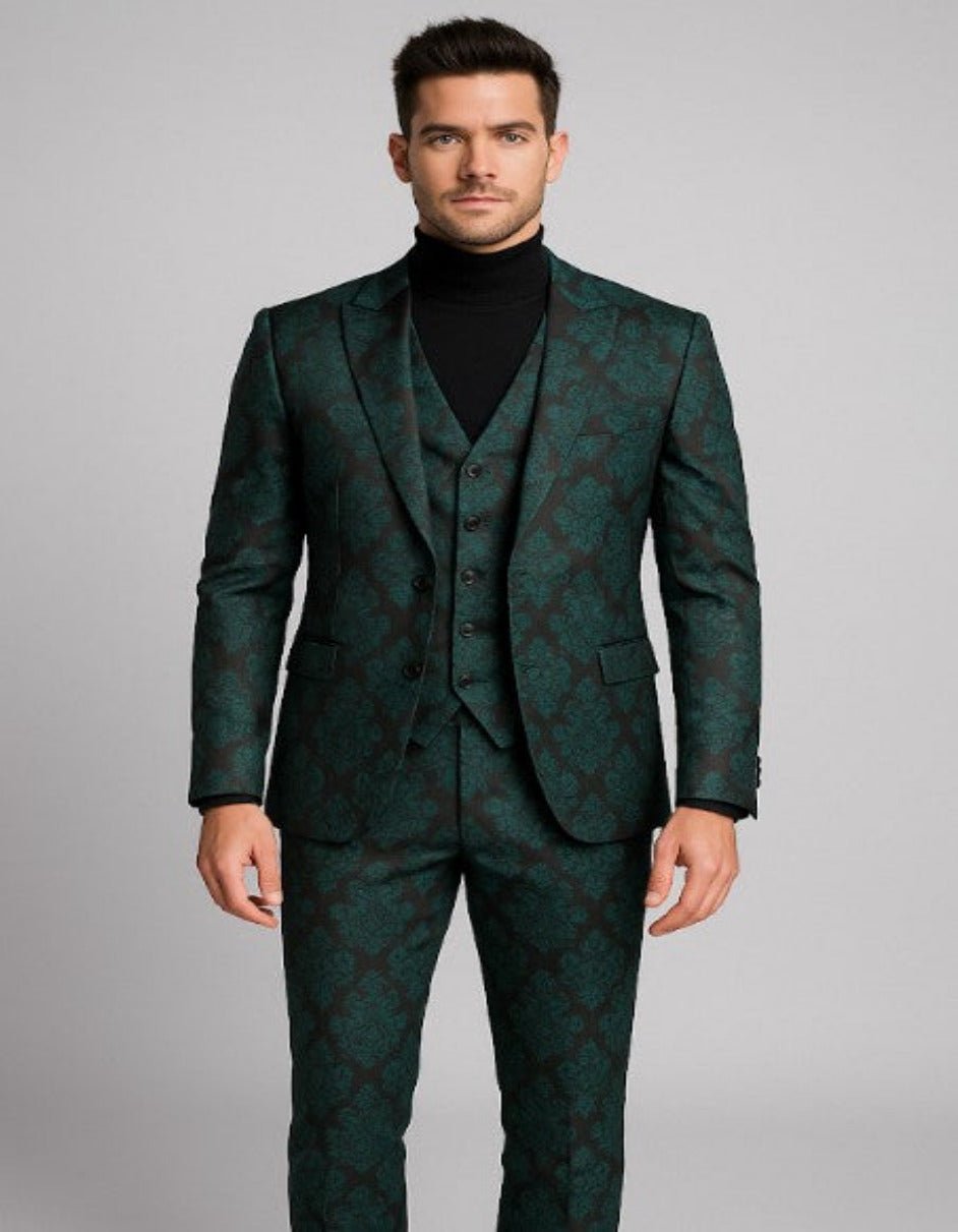 Green and Black Floral Brocade Slim Tuxedo 3pc