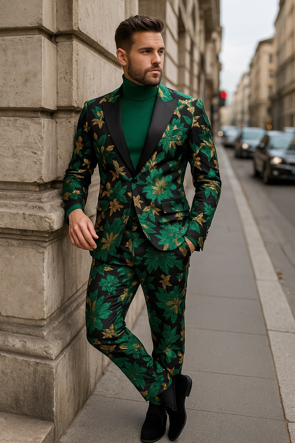 Green and Gold Floral Slim Tuxedo Suit