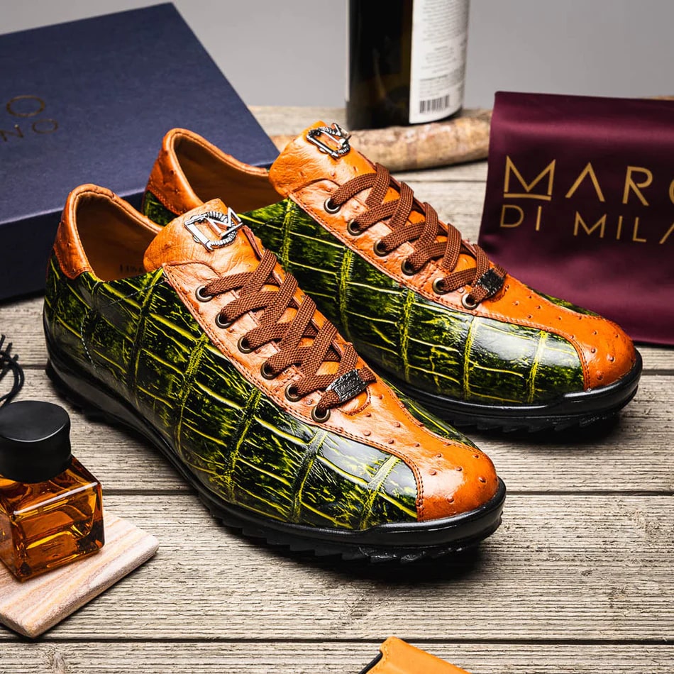 Saulo Green & Cognac Exotic Leather Men's Sneakers