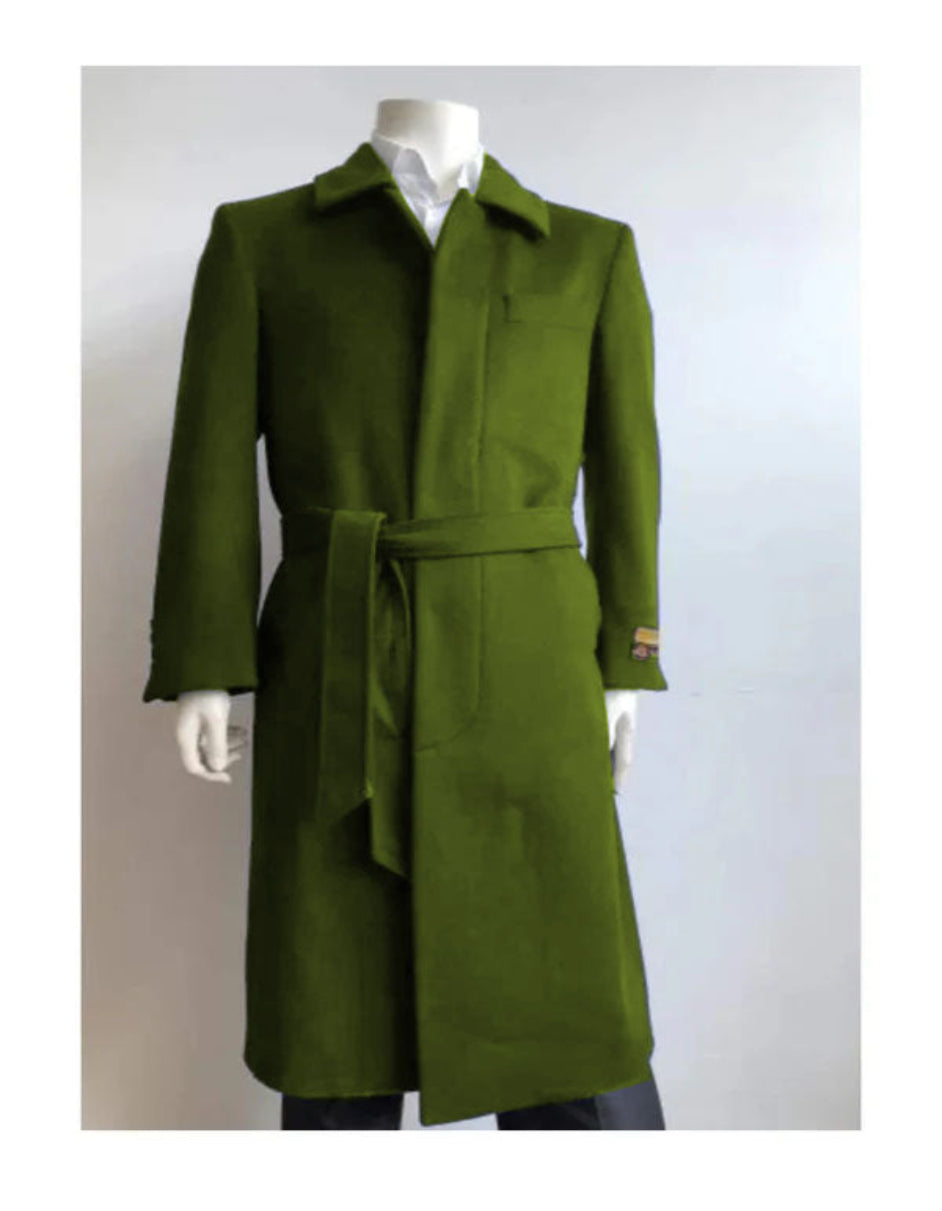 Olive Green Wool Gabardine Belted Duster Coat