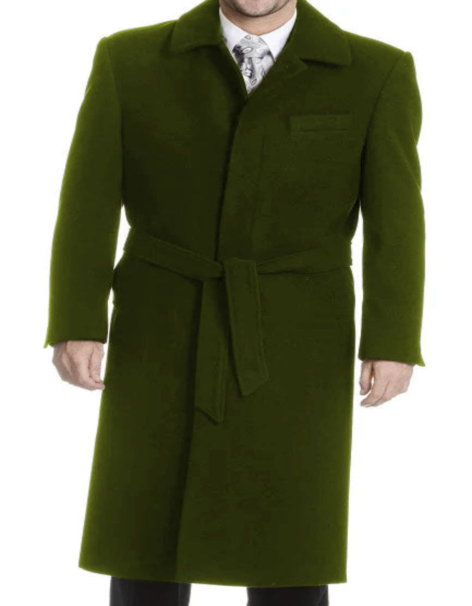 Olive Green Wool Gabardine Belted Duster Coat