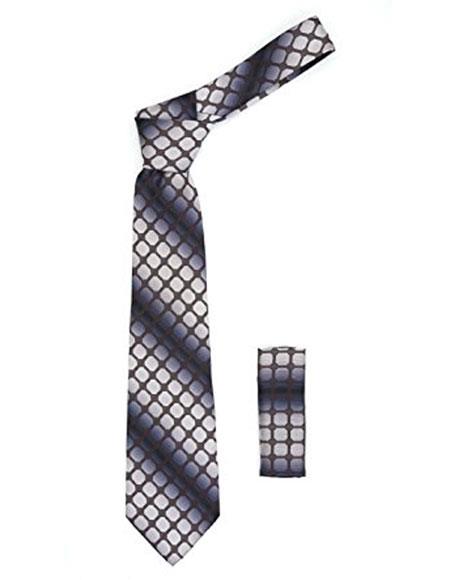 Men's Geometric Grey with Brown Squares Necktie Includes Hanky Set - Men's Neck Ties - Mens Dress Tie - Trendy Mens Ties