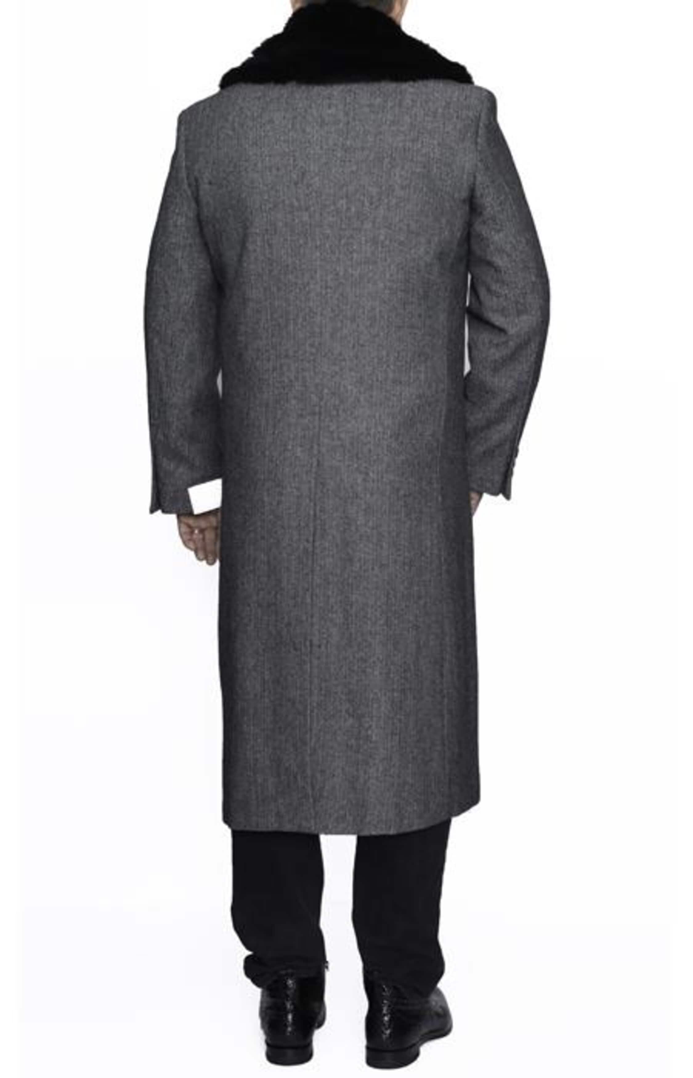 Grey Herringbone Wool Overcoat with Removable Fur