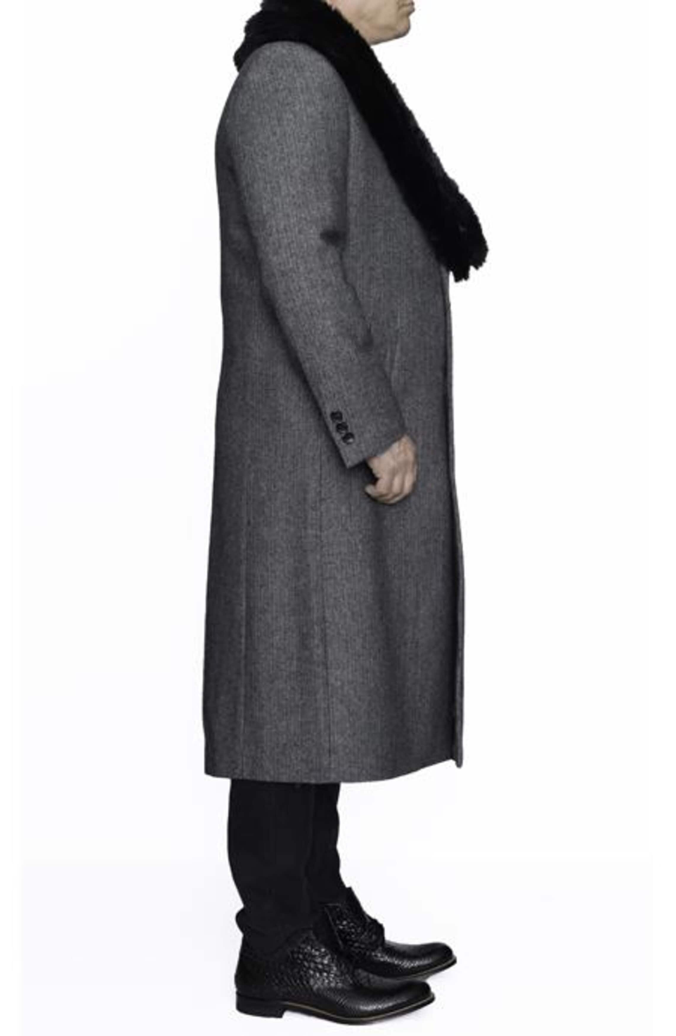 Grey Herringbone Wool Overcoat with Removable Fur