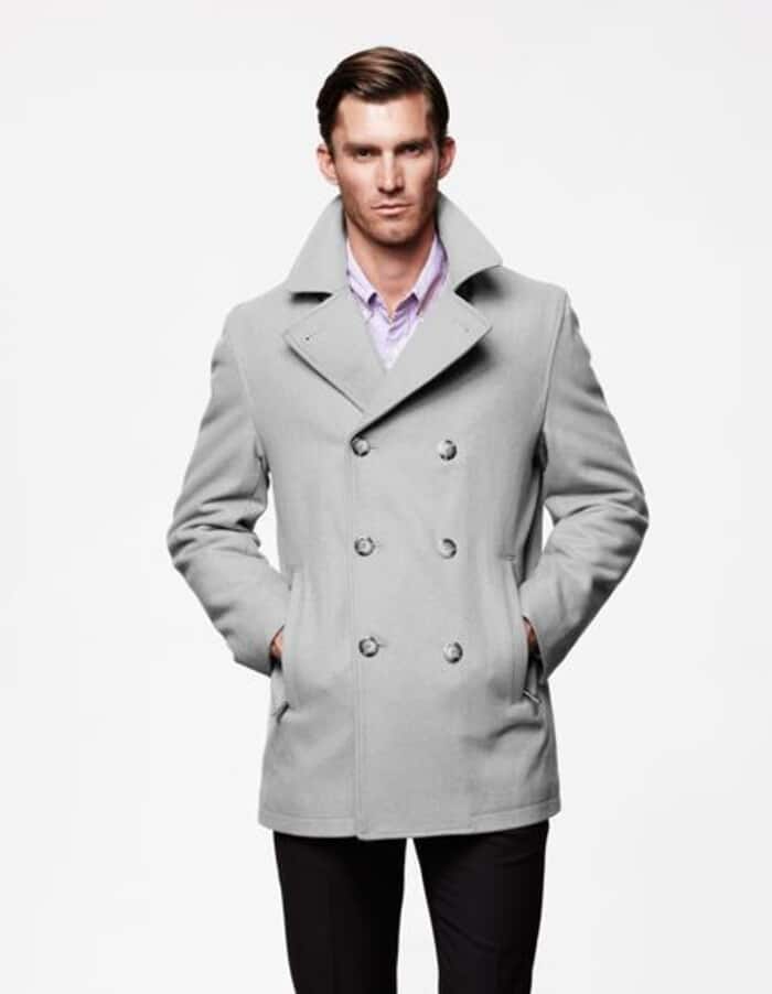 Men's Light Grey Six Button Wool Peacoat Jacket