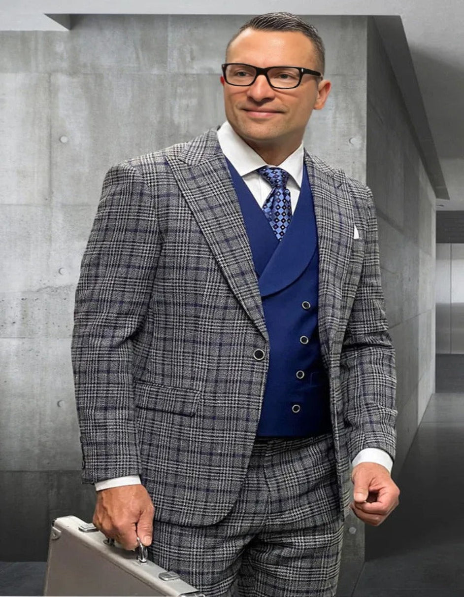 Men's Designer Wool Glen Plaid Vest Suit by Rossiman