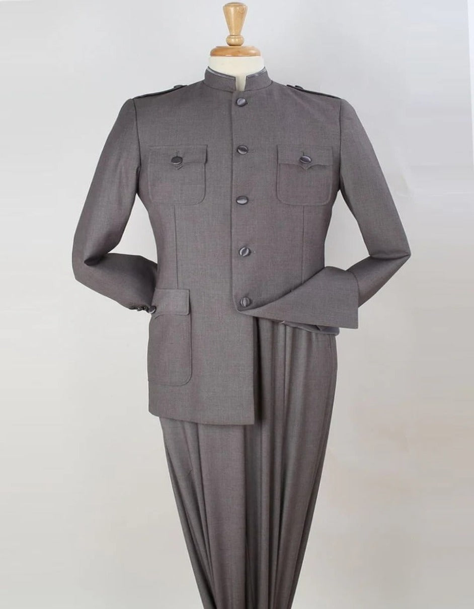Grey Pleated Regular Fit Men's Suit