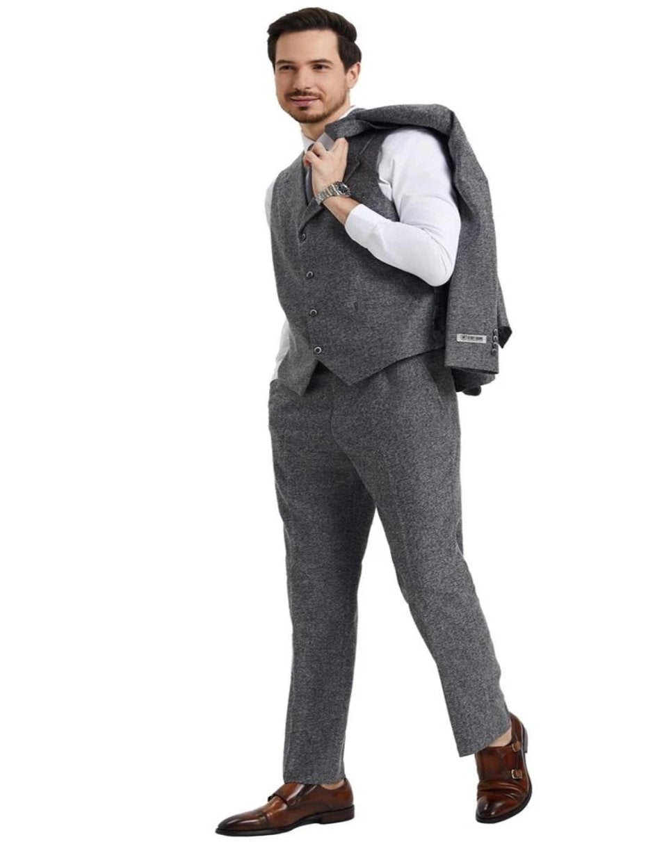 Grey 1920s Tweed Herringbone Vested Suit