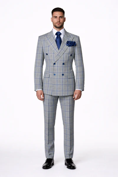 Suit With Pleated Pants Peak Lapel Wool Fabric Suit in Color Grey and Blue By Rossiman Athletic Classic Fit