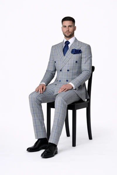 Grey Wool Wide-Leg Plaid Suit by Rossiman