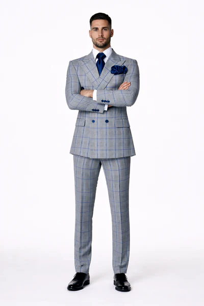 Suit With Pleated Pants Peak Lapel Wool Fabric Suit in Color Grey and Blue By Rossiman Athletic Classic Fit
