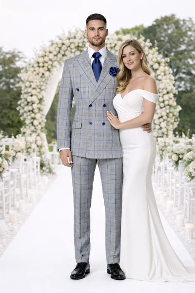 Suit With Pleated Pants Peak Lapel Wool Fabric Suit in Color Grey and Blue By Rossiman Athletic Classic Fit