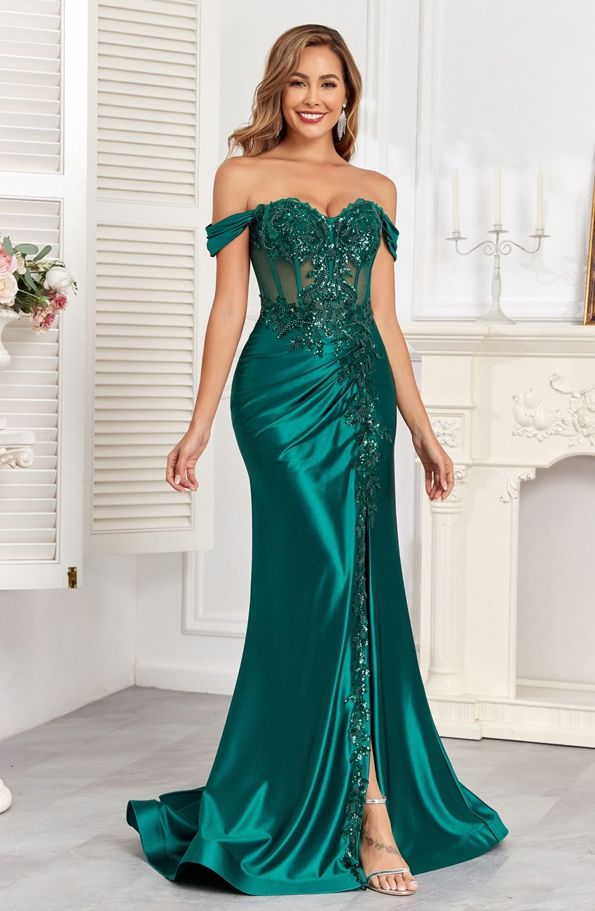 High Couture HC1003 Long Fitted Corset Formal Applique Prom Dress