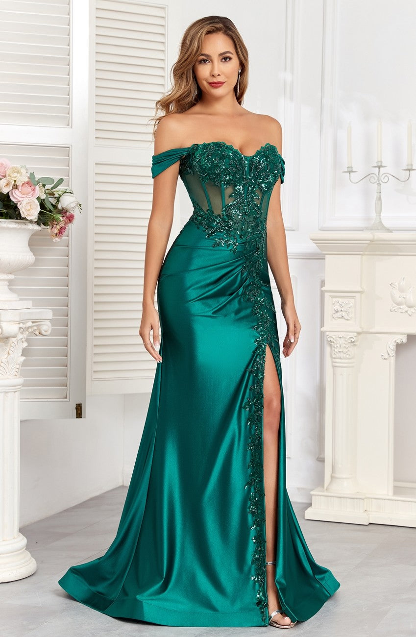 High Couture HC1003 Long Fitted Corset Formal Applique Prom Dress