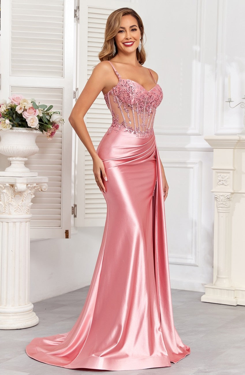High Couture HC1004 Pleated Long Formal Applique Corset Prom Dress