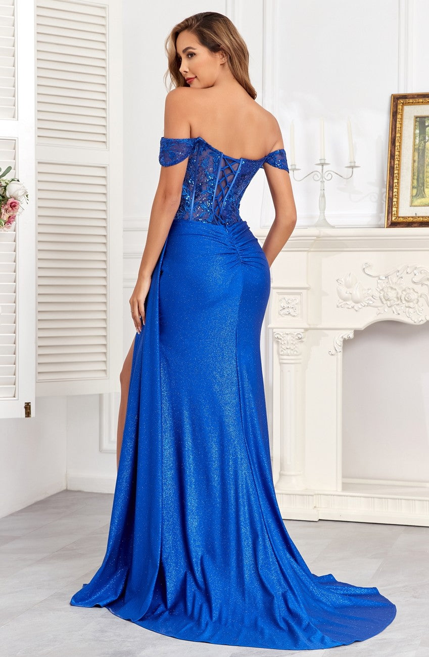 High Couture HC1005 Glitter Long Corset Fitted Formal Prom Dress