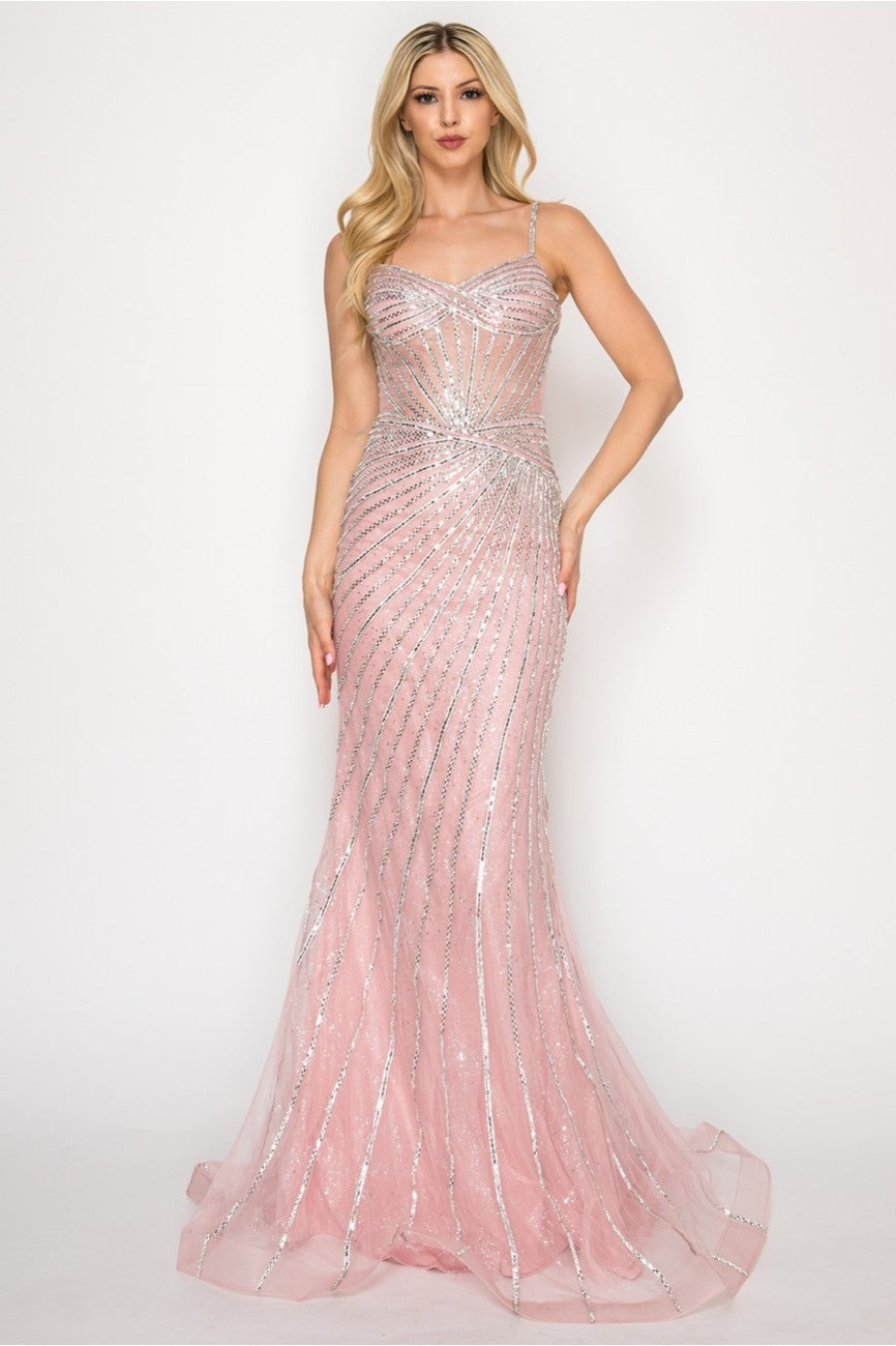 High Couture HC1006 Fitted Long Formal Beaded Corset Prom Gown