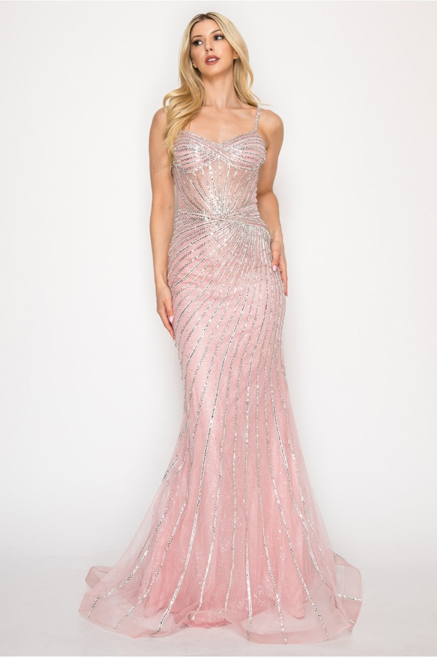 High Couture HC1006 Fitted Long Formal Beaded Corset Prom Gown