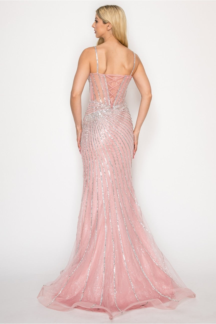 High Couture HC1006 Fitted Long Formal Beaded Corset Prom Gown