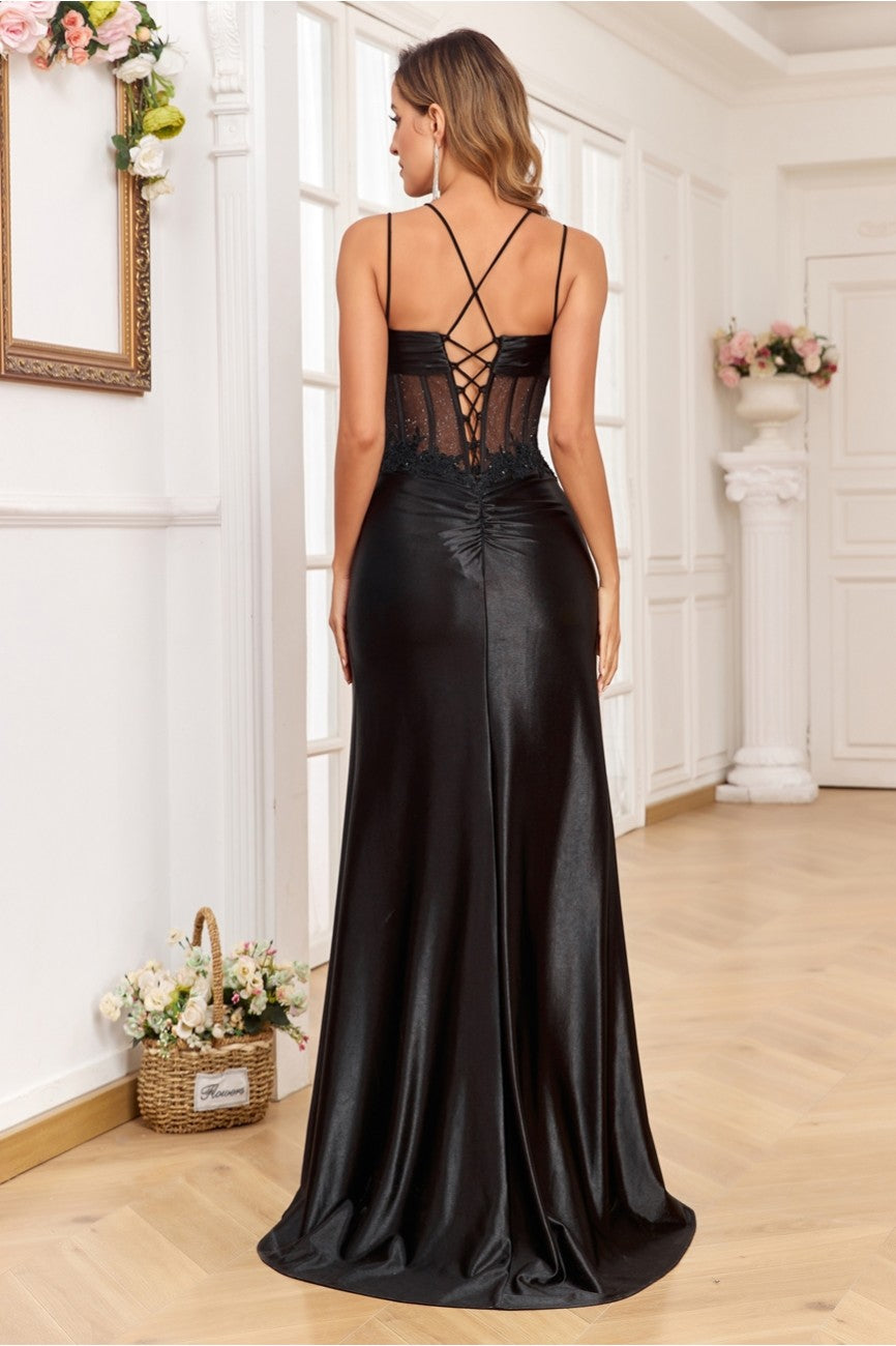 High Couture HC1010 Long Pleated Formal Lace Applique Prom Dress
