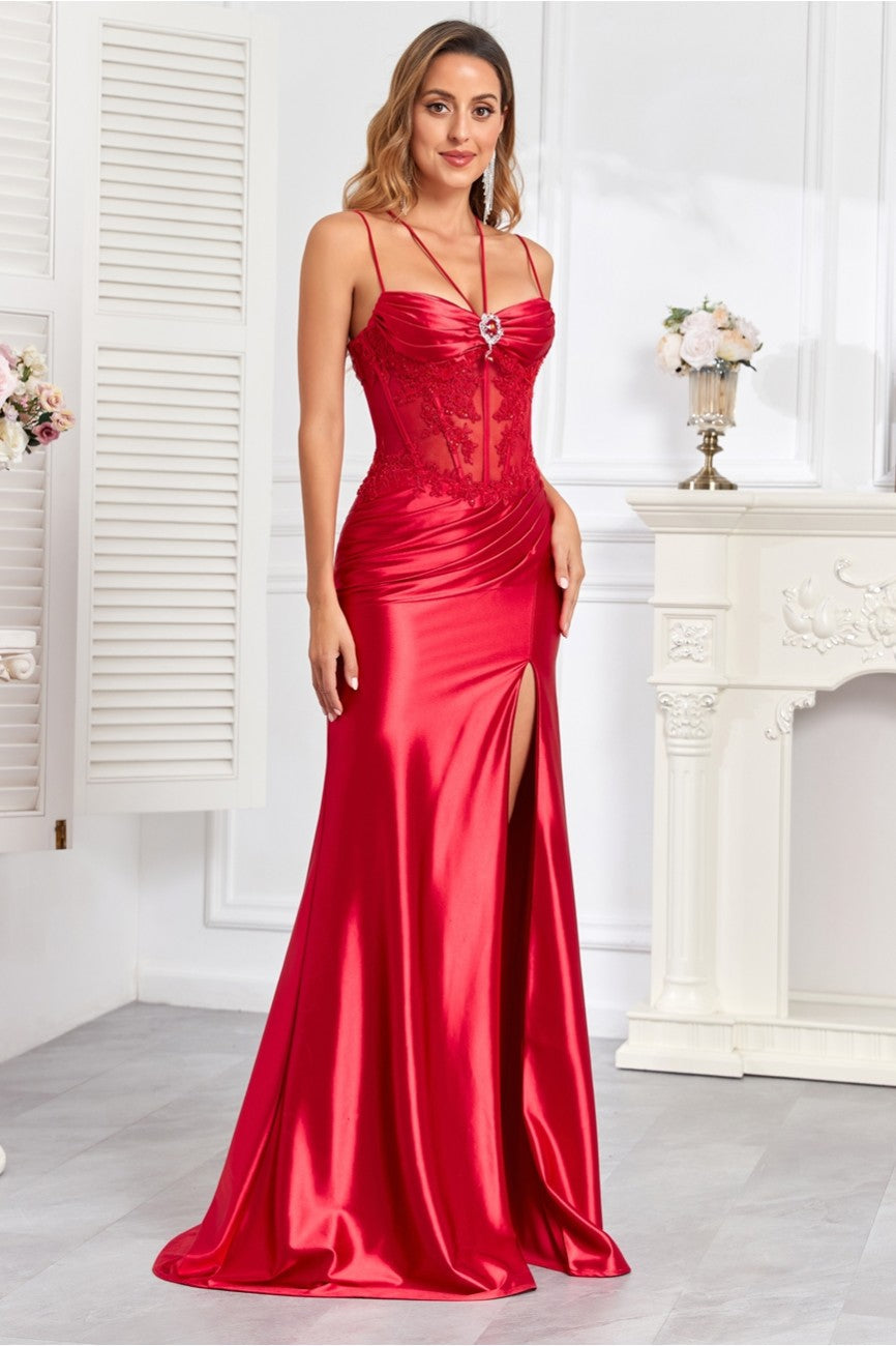 High Couture HC1010 Long Pleated Formal Lace Applique Prom Dress