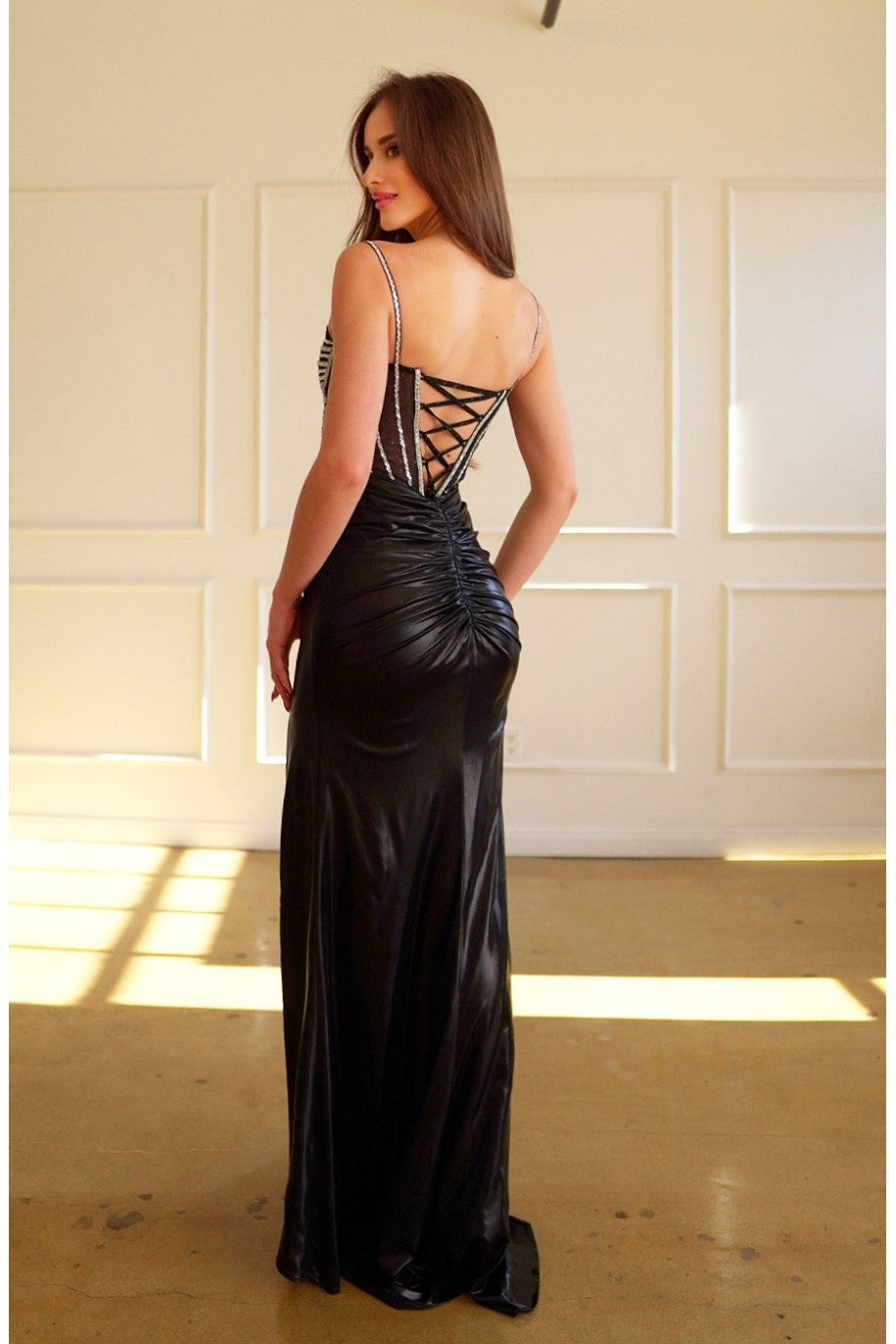 High Couture HC1024 Beaded Slit Prom Long Formal Metallic Dress