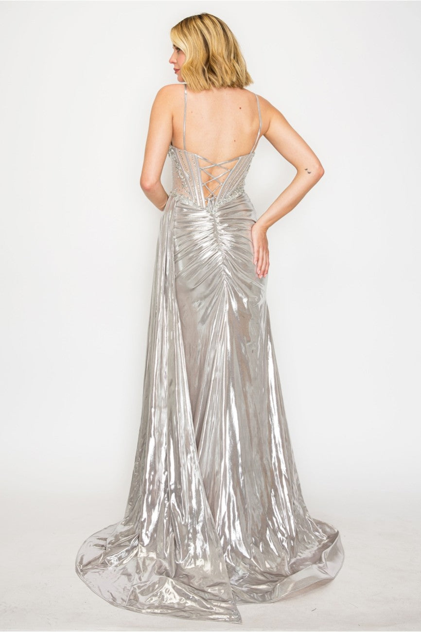 High Couture HC1026 Long Formal Beaded Metallic Prom Dress