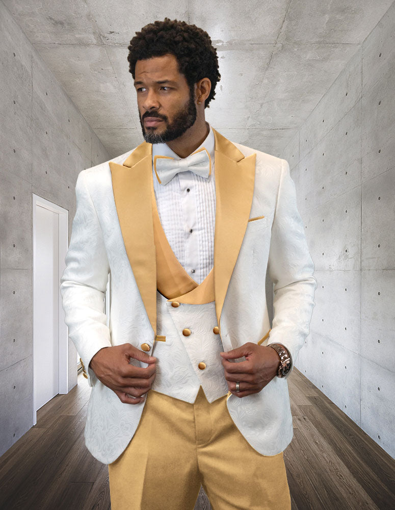Mens White and Gold Champagne Color Satin Lapel Tuxedo Peak Lapel Mode