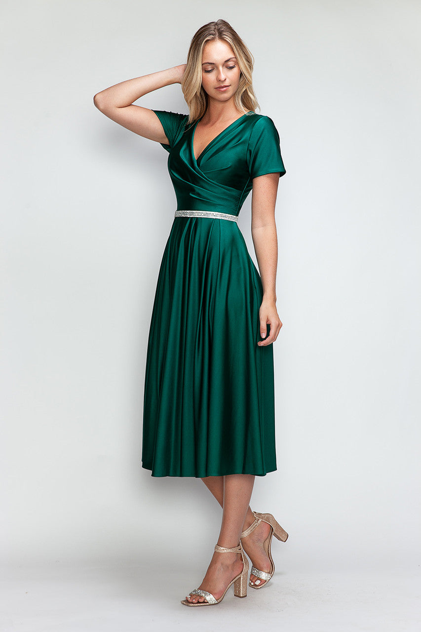 Lenovia 5274 V-Neck Short Sleeve Midi Cocktail Dress with Rhinestone Waist Formal & Wedding Guest Attire