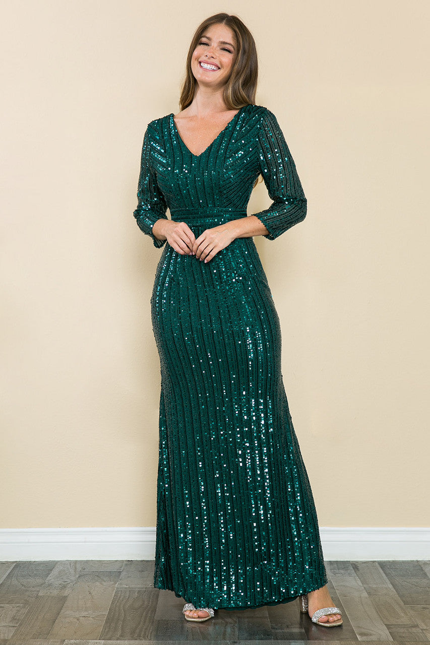 Mother Of The Bride Sequin V-Neck 3/4 Sleeve Formal Floor-Length Dress By Lenovia 5247
