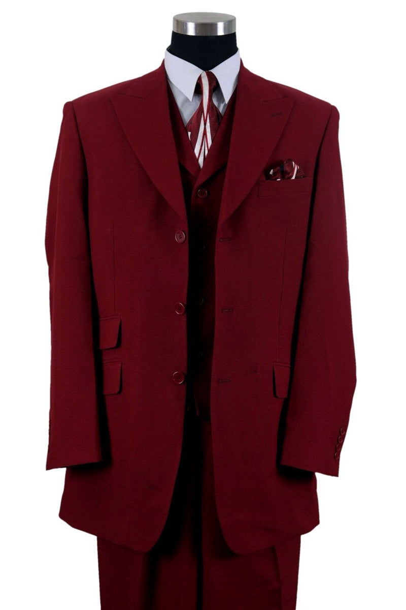 Burgundy 3 Button Vested Peak Lapel Suit for Men